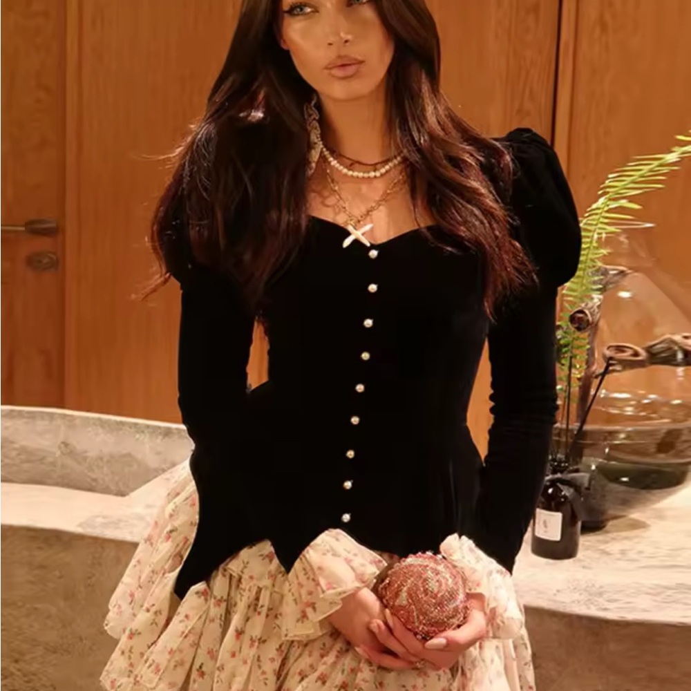 Black Velvet Button Front Puff Sleeve Mini Dress with Floral Ruffle Skirt - Picture 8 of 8